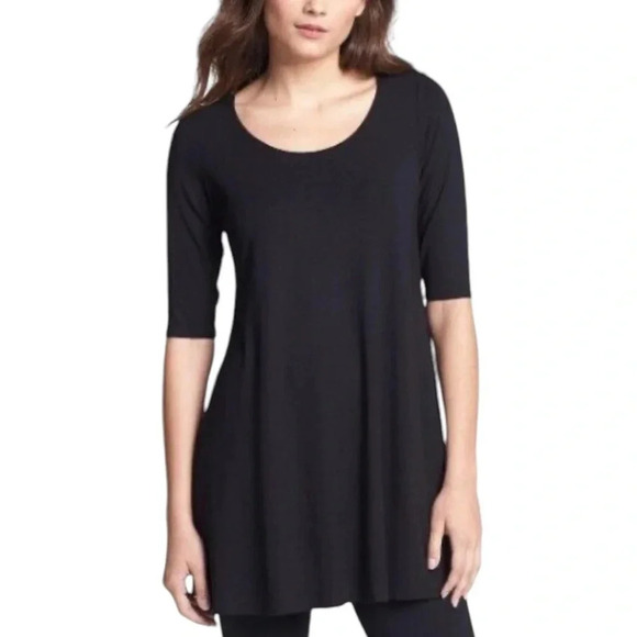 Eileen Fisher Scoop Neck Jersey Knit Elbow Sleeve Tunic Top Black Size M - Picture 10 of 10